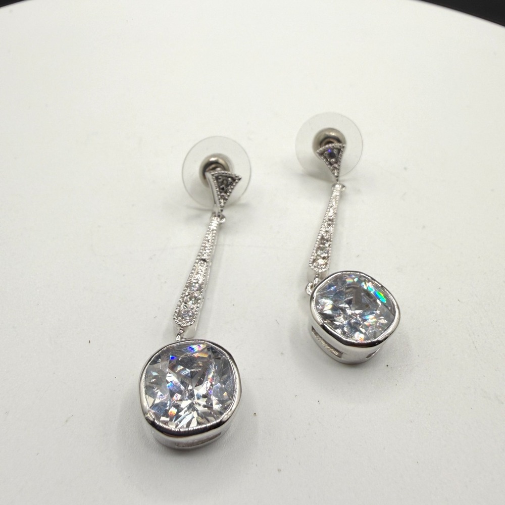 Silver Tone Crystal Cushion Cut Dangle Earrings Rhinestone Long Drop Statement